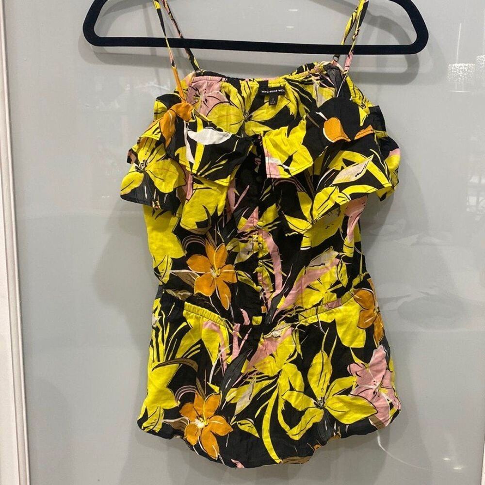 Who What Wear Women’s Yellow Black Floral Ruffle Tank Top Blouse Sz S